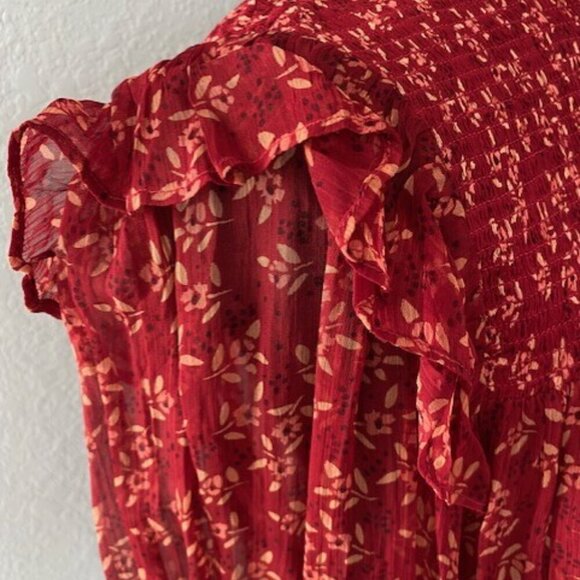 FREE PEOPLE Red Berry Roma Boho Floral Smocked Long Sleeve Blouse XS - Picture 13 of 16